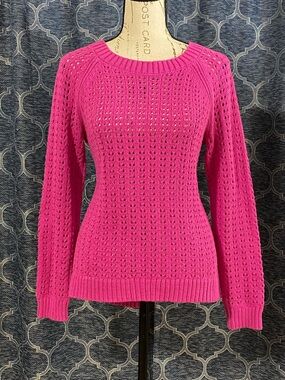 Talbots Vibrant Pink Open-Knit Crewneck Sweater